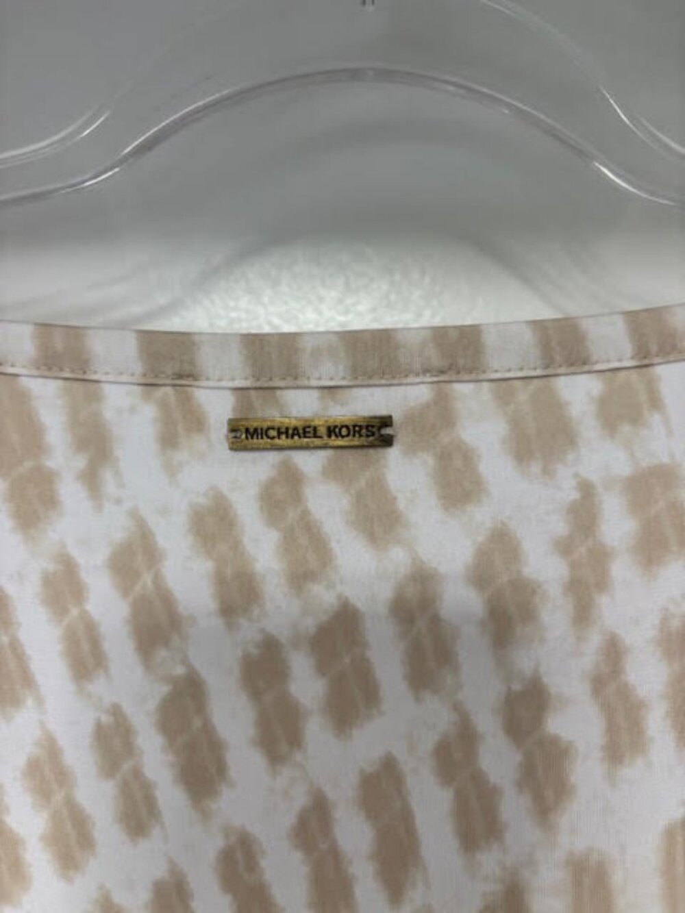 Michael Kors Women's Tunic Top Size Large Beige White Abstract Print Lace Trim - Picture 6 of 7